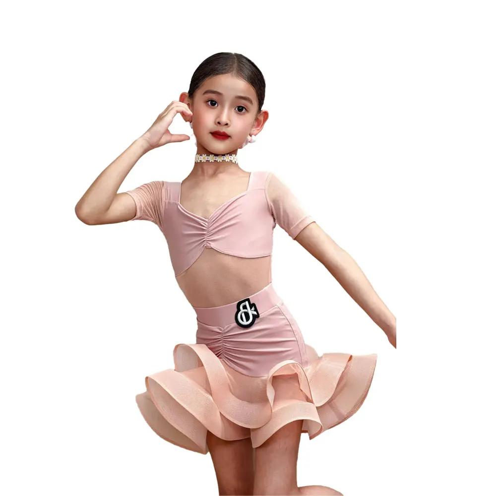 プリーツ襟付きラテンダンスプロフェッショナルドレス、フィッシュボーンスカート、サンバ闘牛、娘の標準ステージ衣装