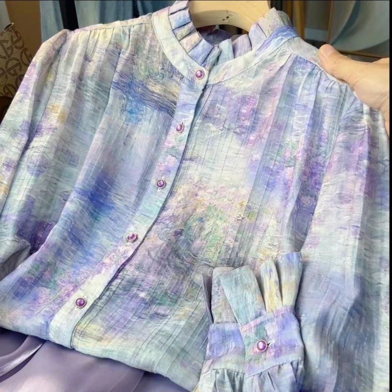 

Smudge-dye Stand-up Collar Long-sleeved Shirt for Women 2025 New Autumn Design Slimming Top