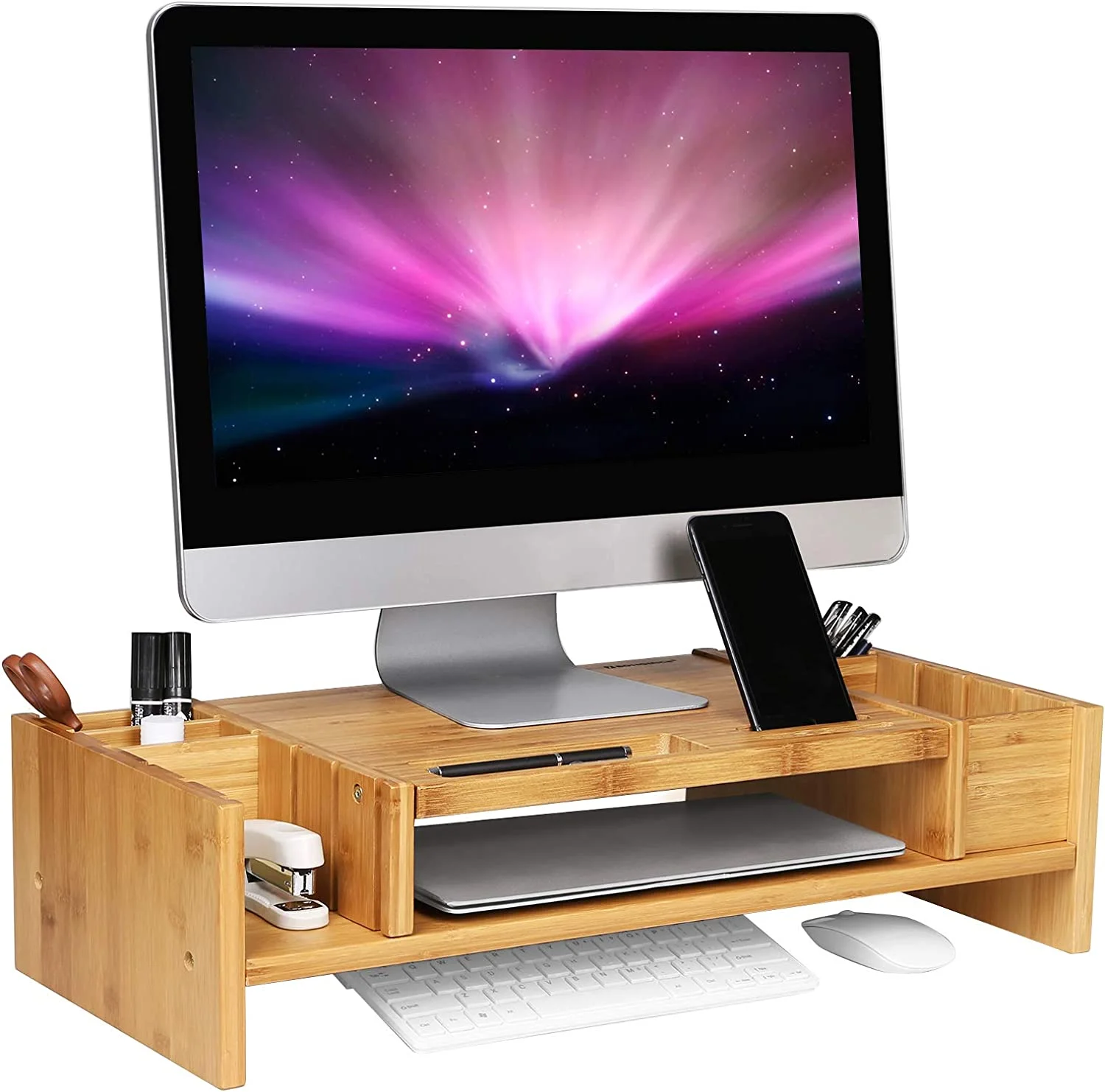 &cNatural Bamboo Computer Riser Desk with 2 Storage Drawers Wood Monitor and Laptop Stand