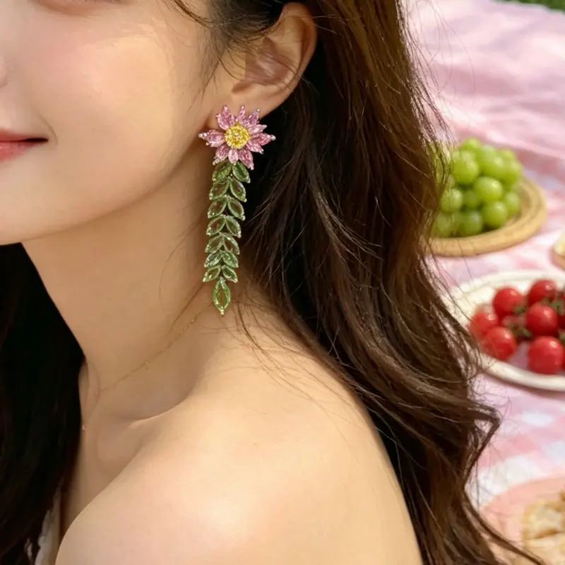 Bilincolor Luxury Pink Flower and Green Leaf Dangling Earring for Women