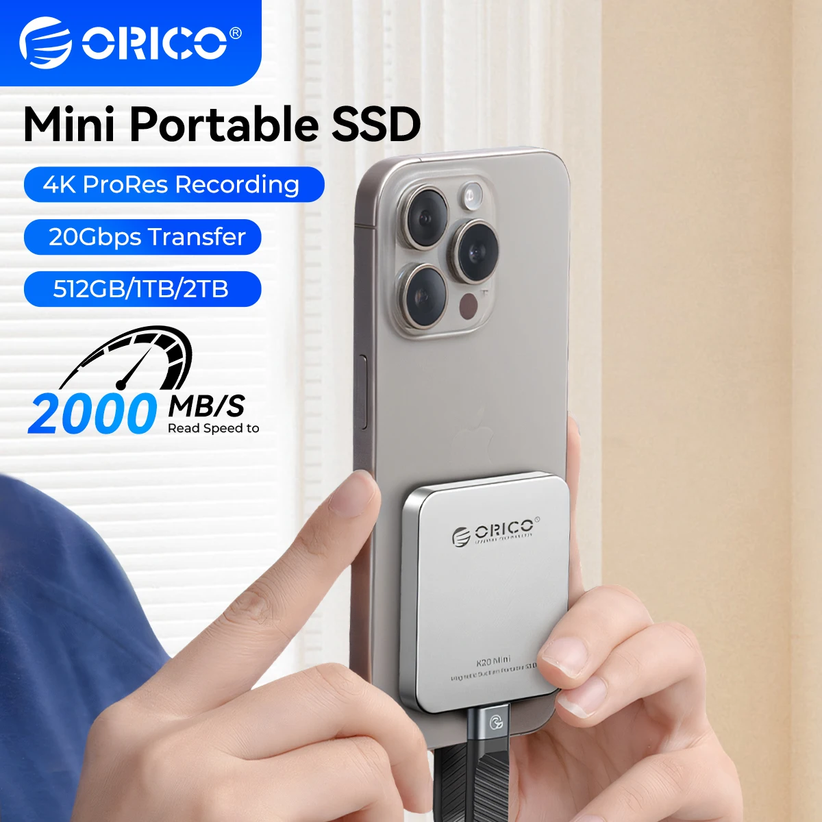 

ORICO K20Mini 20 Гбит/с Магнитный внешний SSD 1 ТБ/512 ГБ USB-C Портативный PSSD для iPhone 17/16/15 Pro/Max ProRes 4K ProRes HDR Запись