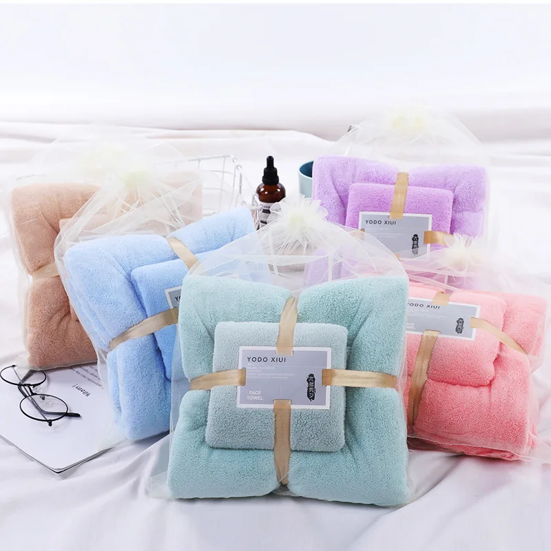 2pcs/set Coral Fleece Absorbent Hair Swimming Face Hand Bath Towel Sets Microfibre Towels Bathroom Towels Microfiber Towel Set