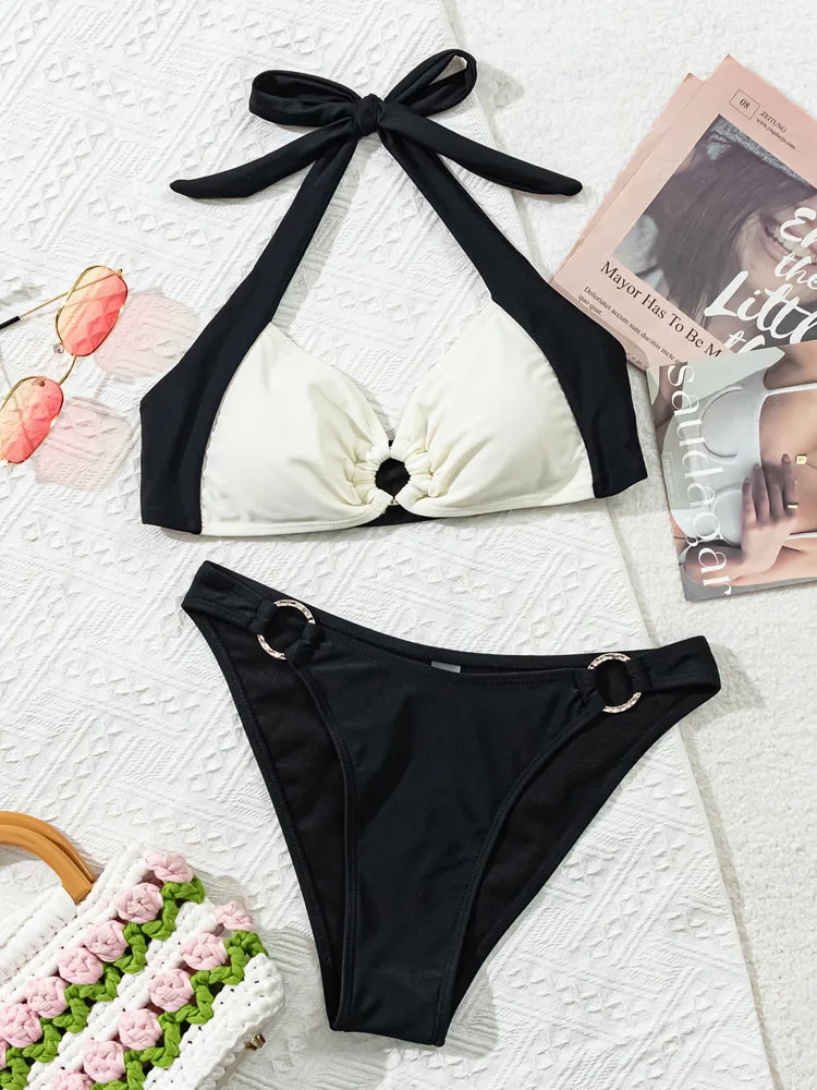 Sexy  Tied Halter Swimwear Women Solid Patchwork Bikini Set High Cut Backless Swimsuit Hollow Push Up Bathing Suit