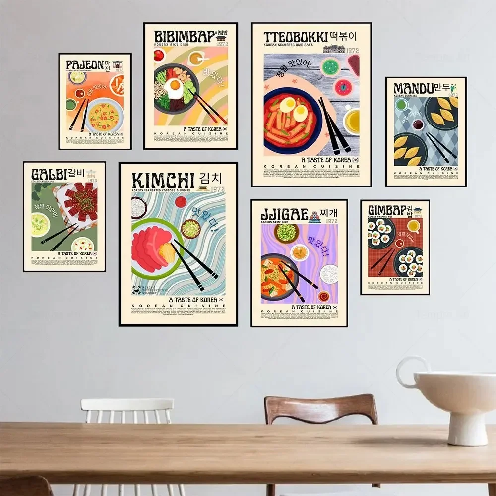 Arte de pared de comida coreana Retro, póster de Gimbap Kimchi Bibimbap Tteokbokki, impresiones de cocina Vintage para decoración de cocina moderna