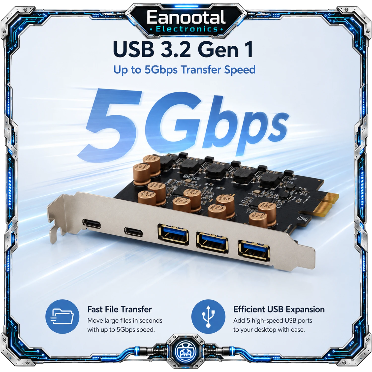5 Port USB 3.0 PCIe Expansion Card, 3 Type-A + 2 Type-C 5Gbps Fast Adapter, SATA / 4-Pin / No External Power for Desktop PC