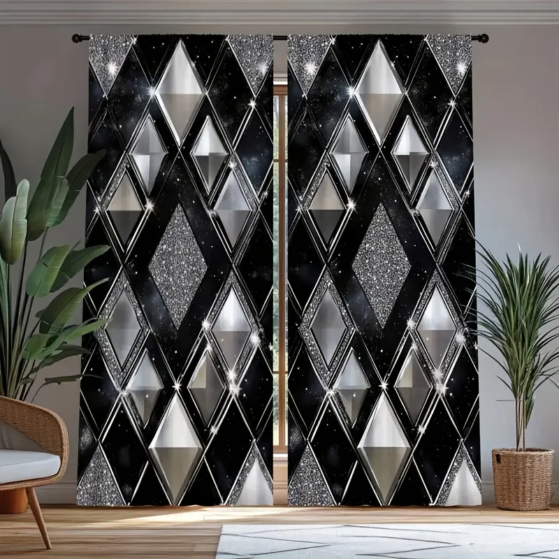 2Pcs Modern Black & White Square Diamond Plaid Pattern Curtains Rod Pocket Window Drapes, Bedroom Decoration Window Treatment.