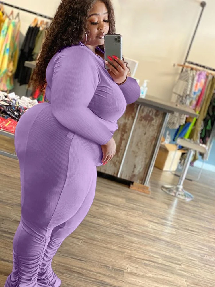 2 Piece Sets Women Outfit Long Sleeve Top and Pants Set Purple Knit Set Tight Sexy Plus Size Outfits Wholesale Dropshipping