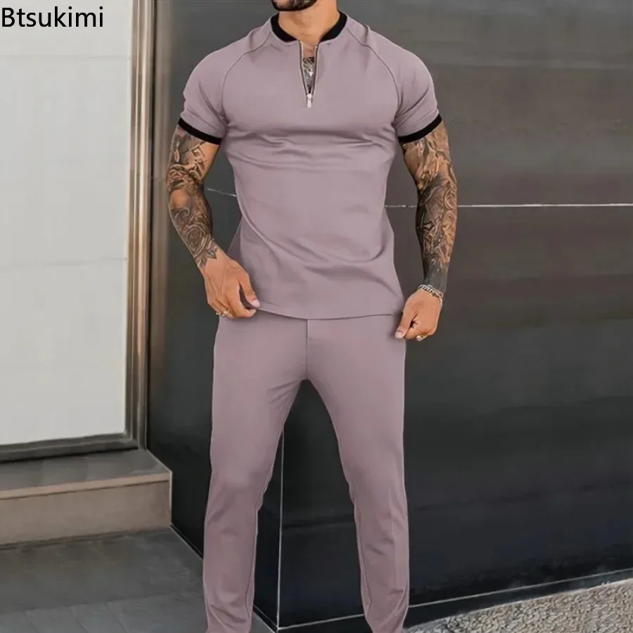 Traje deportivo de tendencia 2025 para hombre, nuevo jersey de manga corta con medio cremallera y cuello levantado + Pantalones, conjuntos