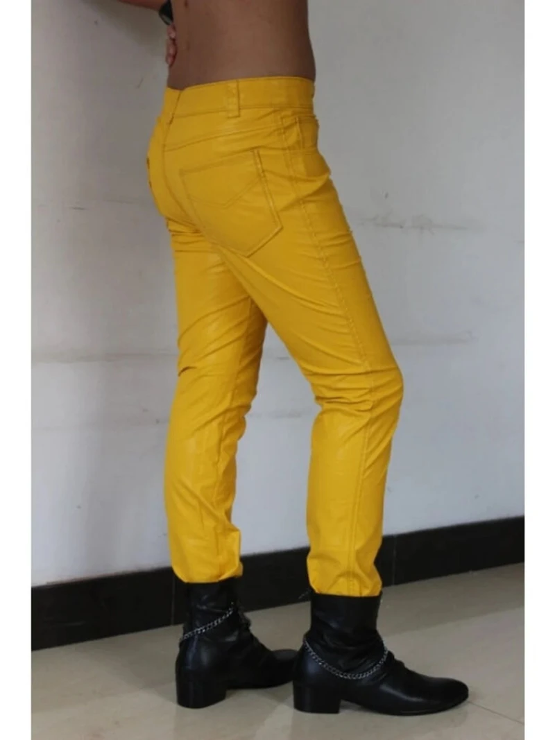 Pantalon en cuir véritable pour homme, jean Style jaune, fait à la main, doux en peau d'agneau