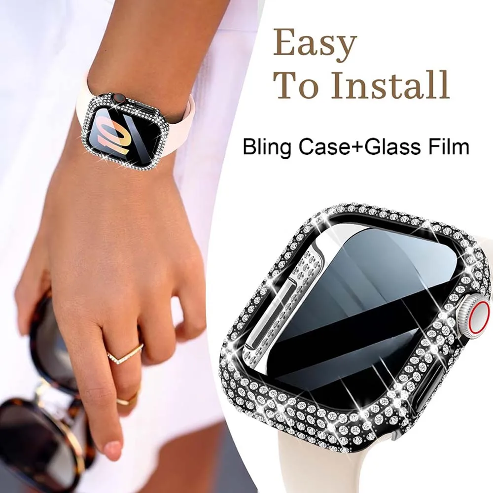Glas + Bling-Abdeckung für Apple Watch-Gehäuse 44 45 mm 41 mm 40 mm 42 mm 44 mm Diamant-Stoßstange + Displayschutzfolie iWatch Serie 10 9 8 7 5 6 SE