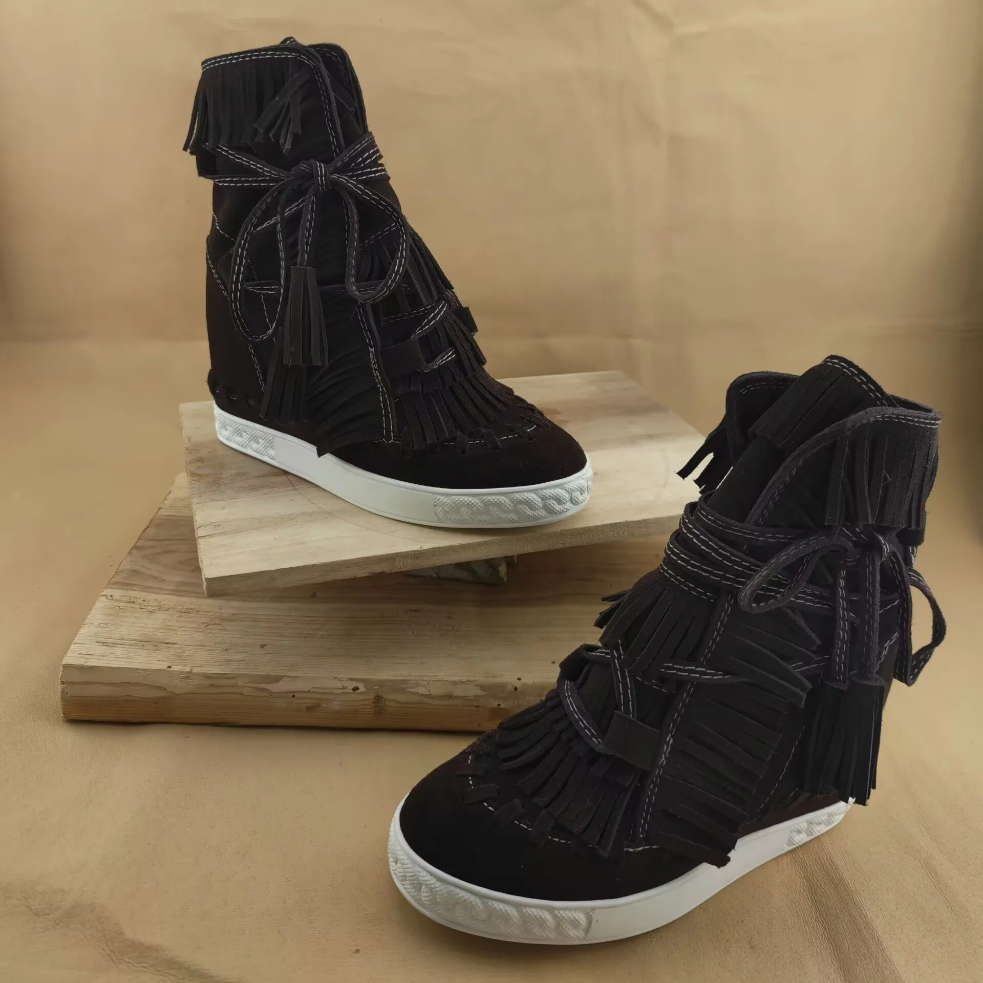 New Ladys Ankle Winter Boots Round Toe Tassel Cow Suede Genuine Leather Height Increasing Heels 8cm Black White Botas Zapato