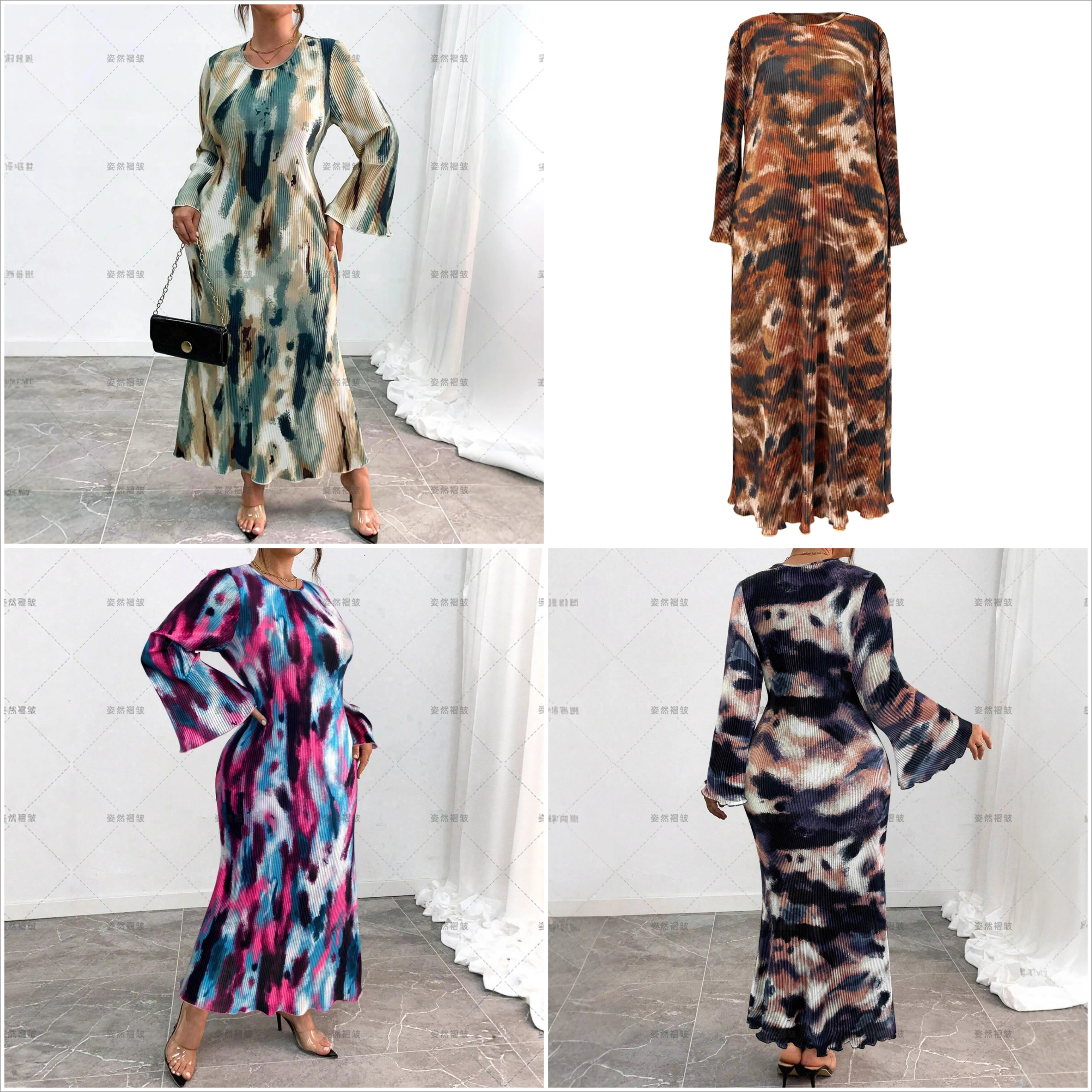 

Miyake Pleated Clothing, European and American Women's Clothing, Plus Size Slimming, Autumn Dress, Printed Long Sleeved Skirt