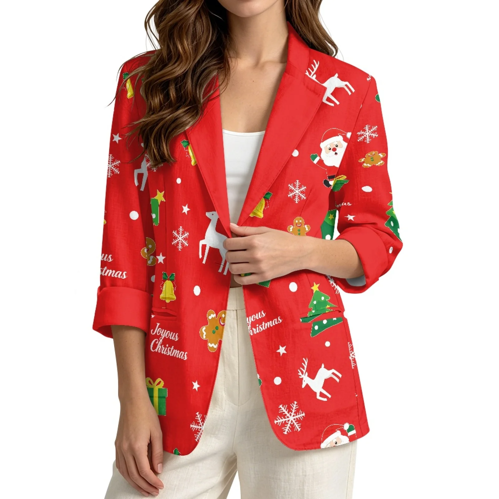 PENSTROLL Santa Claus Snowflake Open Front Outerwear for Going Out Linen Style Beach Cover Ups Sizes S-3XL