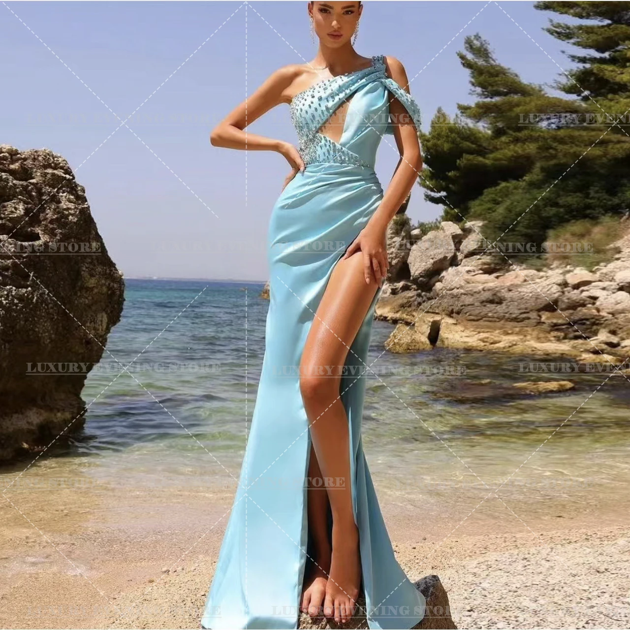 

Luxury Beads Cut Out Mermaid Evening Dresses One Shoulder For Woman Side Split Sleeveless Elegant Satin Formal Party Prom Gowns