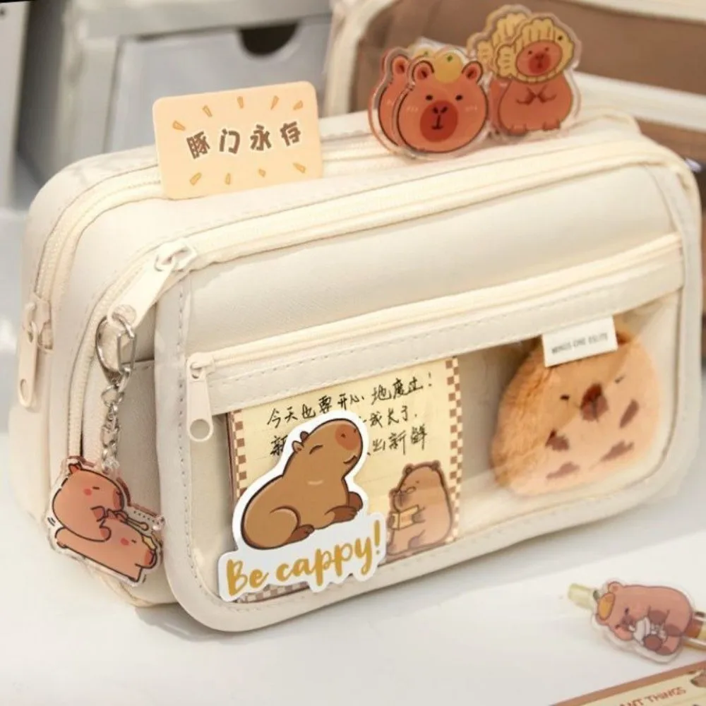 7Pcs Spacious Compartment Capybara Pencil Case Large Capacity Zipper Closure Pen Bag Nine Layers Doll Stickers