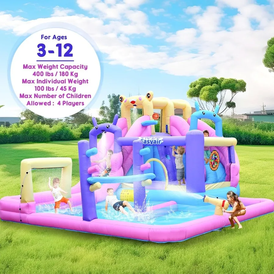 Glissière d'eau gonflable pour maison de rebond, Combo de glissières d'eau pour cavalier d'arrière-cour avec mur d'escalade, cerceau de basket-ball, Splash Po