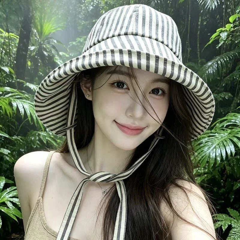 

Summer Travel New Women's Beach Holiday Fisherman Hat Stripe Sunshade Sun Hat Sun Protection Wide Brim Head Protection