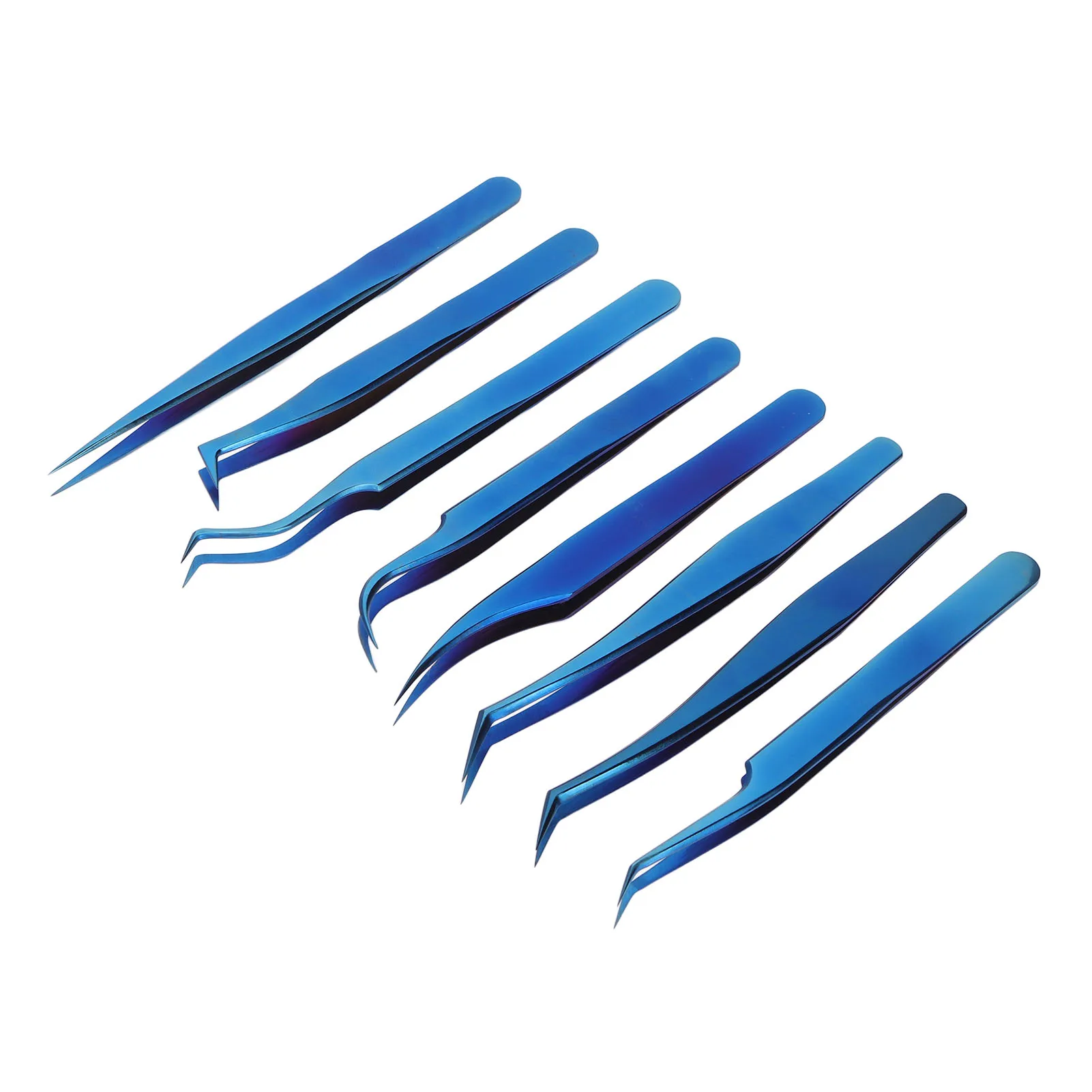 

8pcs Eyelash Tweezers Stainless Steel Fine Tip Ergonomic Blue Titanium Eyelash Extension Tweezers Set For Professional Beauty