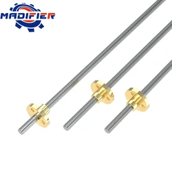 CNC 3D Printer Trapezoidal Screw Rod T5 Lead Screw Thread 5mm Lead 1mm 2mm 4mm Length 100mm 150mm 200mm 250mm with Brass Nut