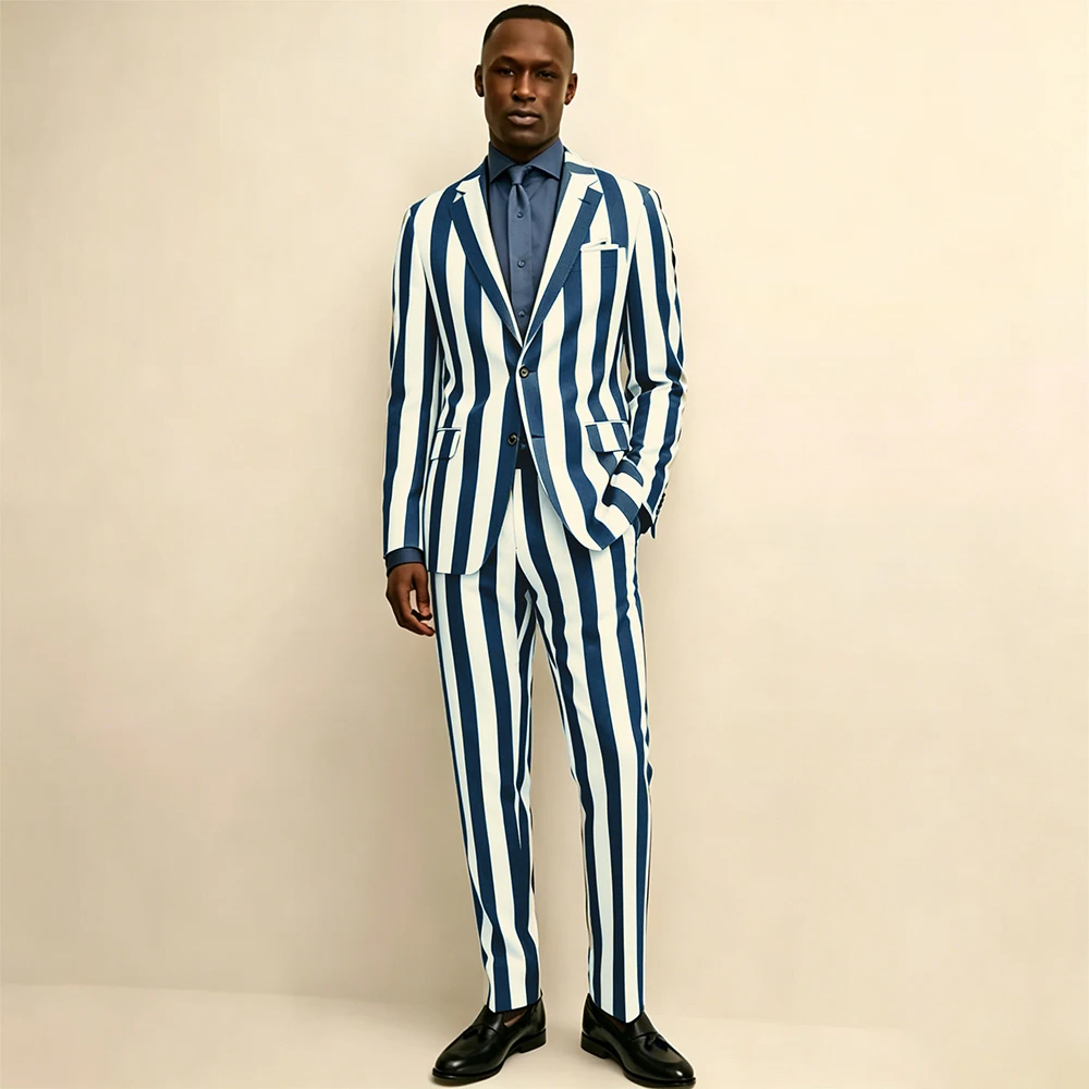 

Stylish Men Navy Striped Pure Cotton Suit Slim Fit Single Breasted 2 Piece Jacket Pants Set Vacation Beach Wedding Formal Outfit