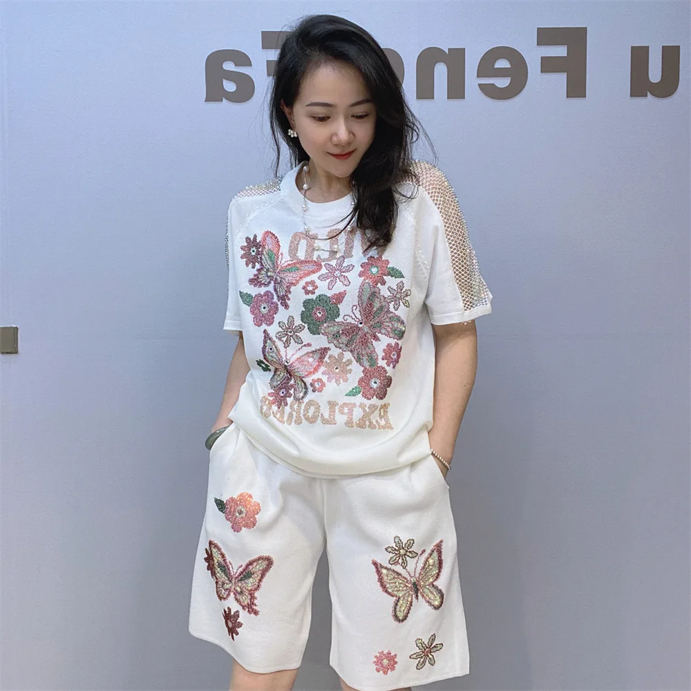 Hot Drilling Floral Butterfly Sequins T-Shirts Fishing Net Spliced Sleeve Tees + Knitted Diamonds Beaded Flowers Shorts 2pcs Set