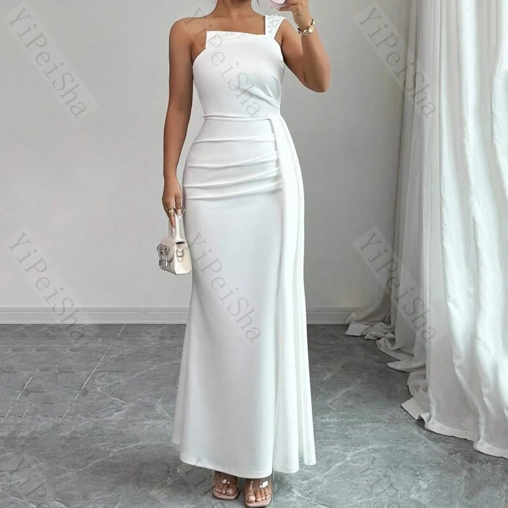

Customized A-line Evening Dresses Ankle-length One-shoulder Sleeveless Prom Gown Fashion Beading Draped Backless Party Gown