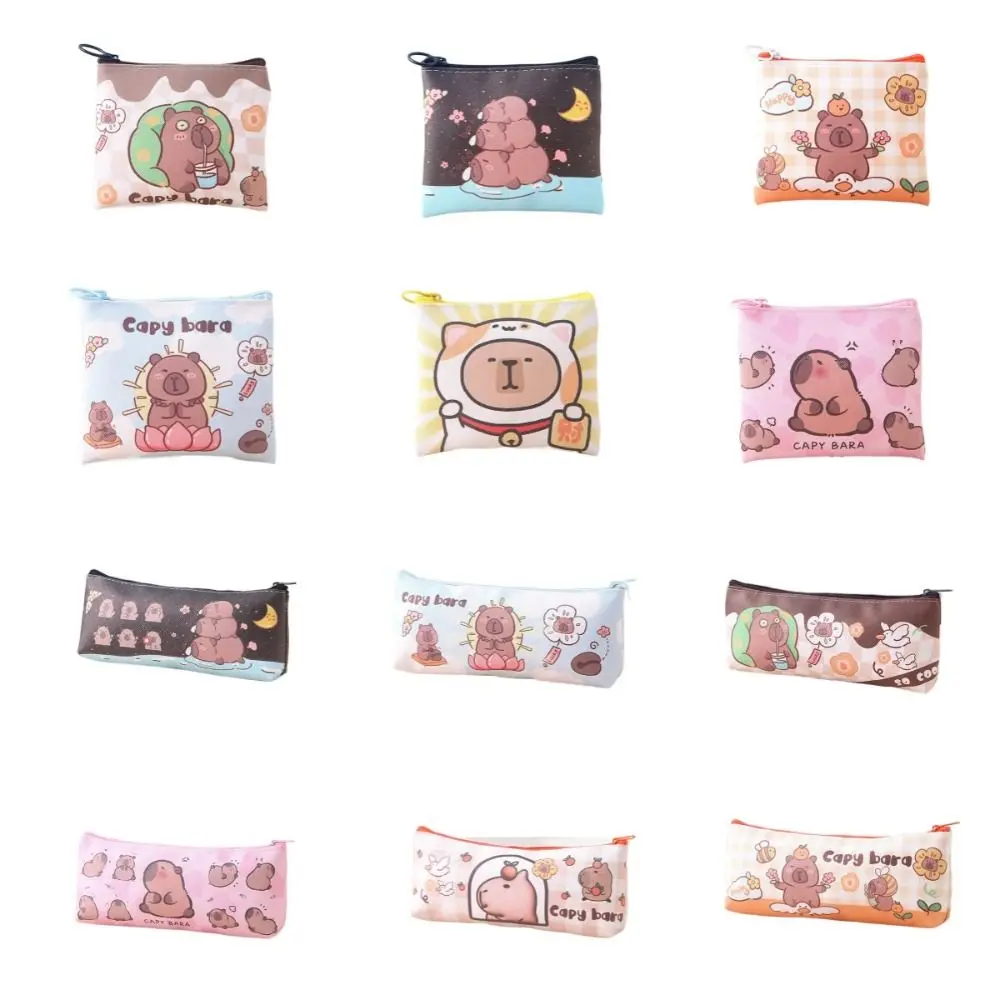 Storage Bag Capybara Coin Purse Stripe PU Leather Cartoon Makeup Lipstick Bag Waterproof Zipper Small Square Handbag Daily