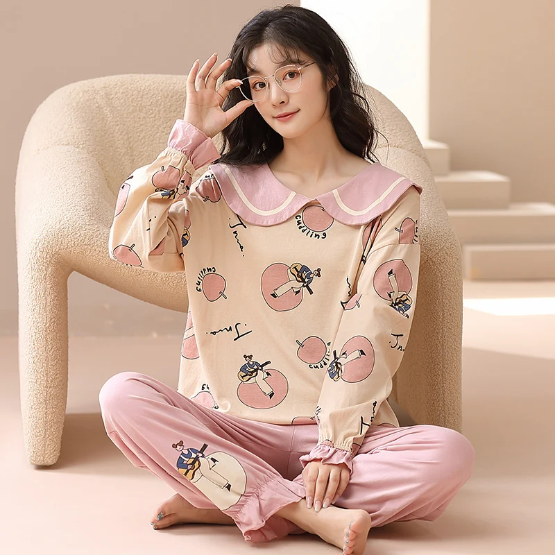 

New Spring And Autumn Knited Cotton Women Pajamas Set Long Sleeve Sleepwear Female Casual Soft Sweet Pijama Mujer