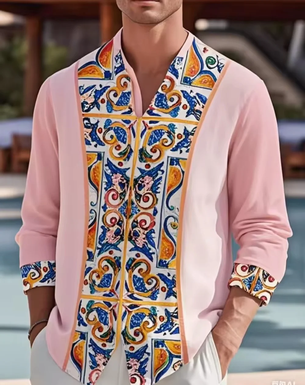 

2025 new comfortable men's retro fun floral pattern printed shirt, fashionable and casual street party long sleeved shirt, comfo