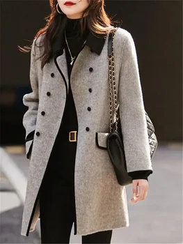 Casaco feminino de lapela de emenda, trespassado duplo, casaco de lã de comprimento médio, roupa feminina solta, nova, outono e inverno