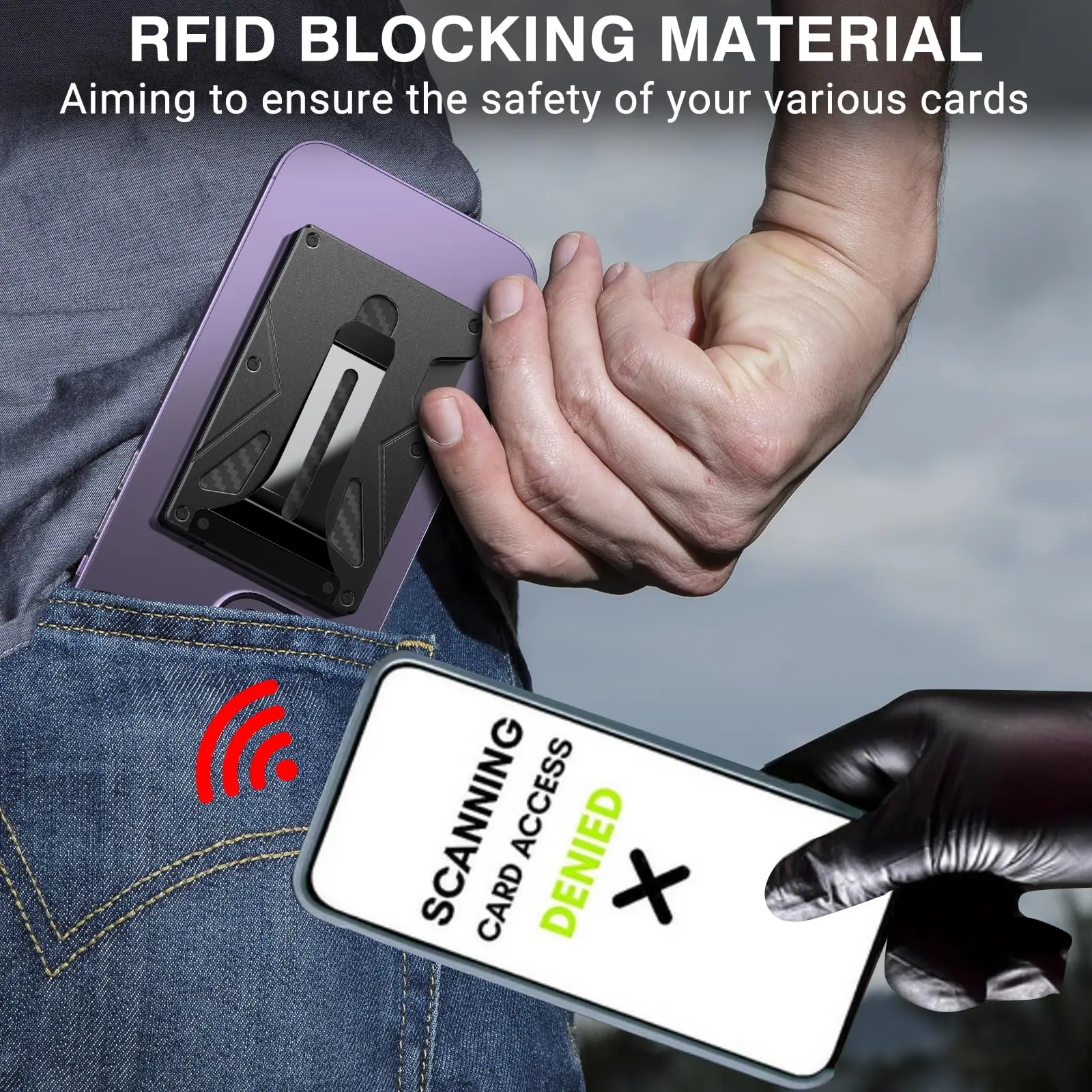 Carteira minimalista para homem - clipe de dinheiro de metal de alumínio fino, bloqueio de RFID, fibra de carbono tática ultrafina