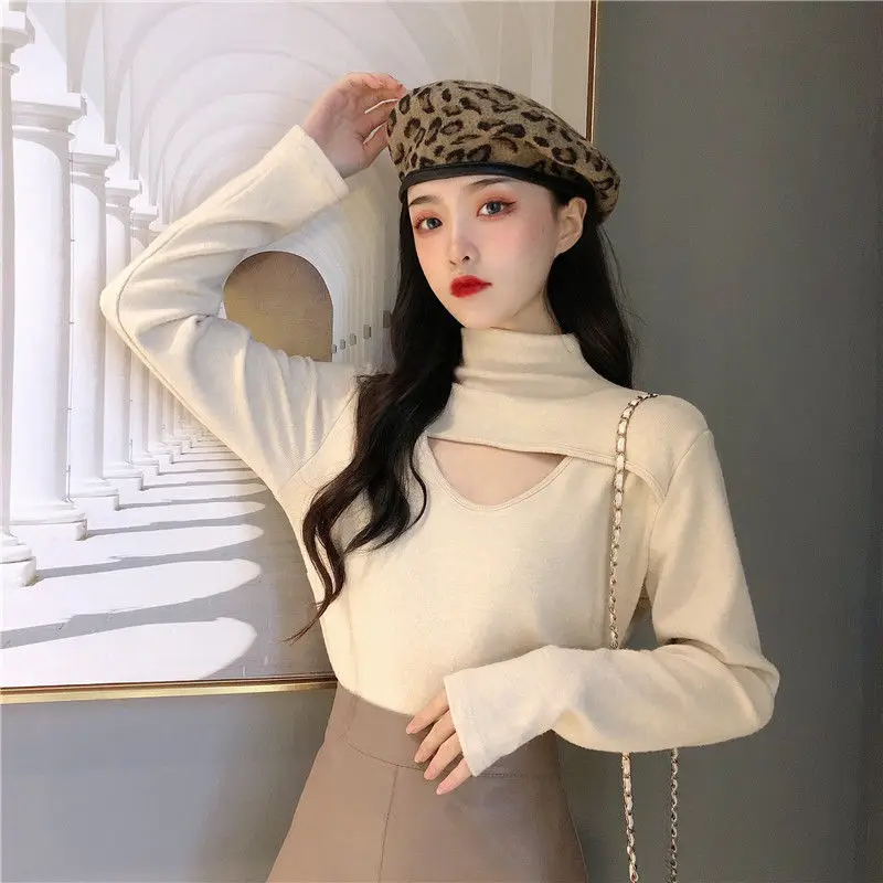 

Spring Autumn New Korean Simplicity Bottoming Shirt Long Sleeve Solid Hollow Out Sexy T Shirt Tops Casual Fashion Women Clothing