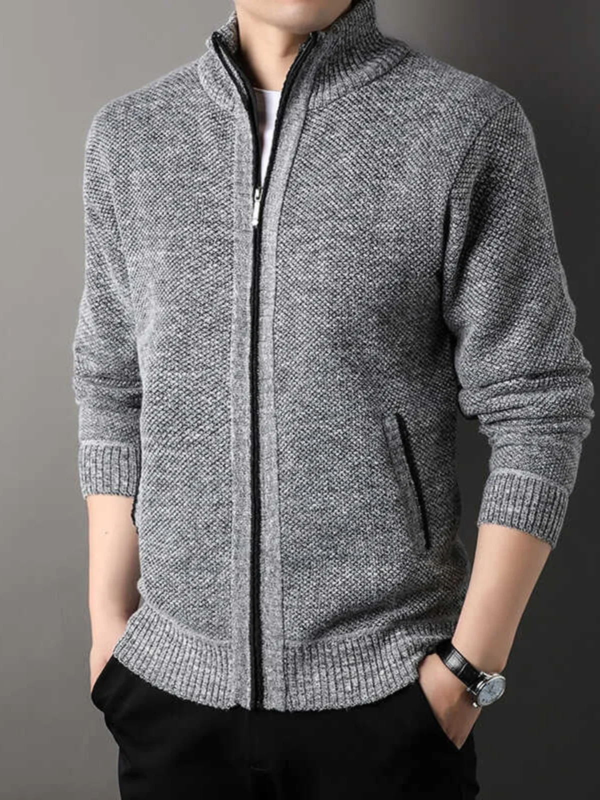 

Мужской вязаный свитер с воротником на молнии, повседневная верхняя одежда, высококачественный, из полиэфирного волокна, длинный рукав, осенне-зимний жакет