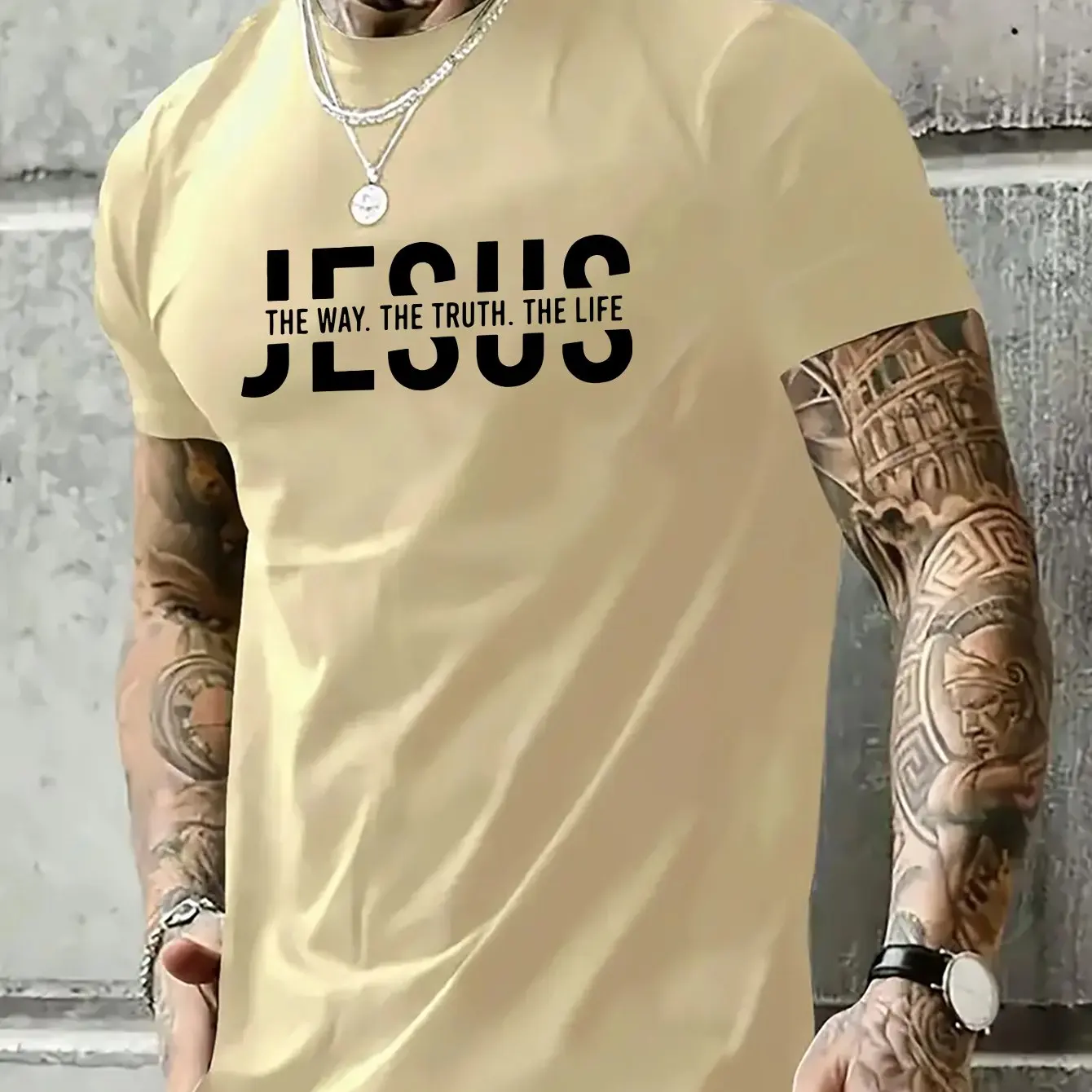 

Summer men's 100% pure cotton casual loose fit Jesus Way truth life letter printed round neck short sleeved T-shirt top.