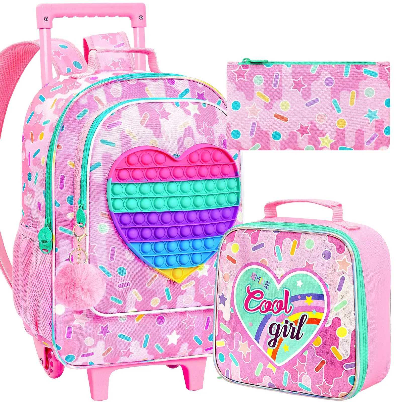 

3PCS Rolling Backpack for Boys and Girls, Kids Roller Wheels Bookbag, Wheeled School Bag with Lunch Bag - Love Pink