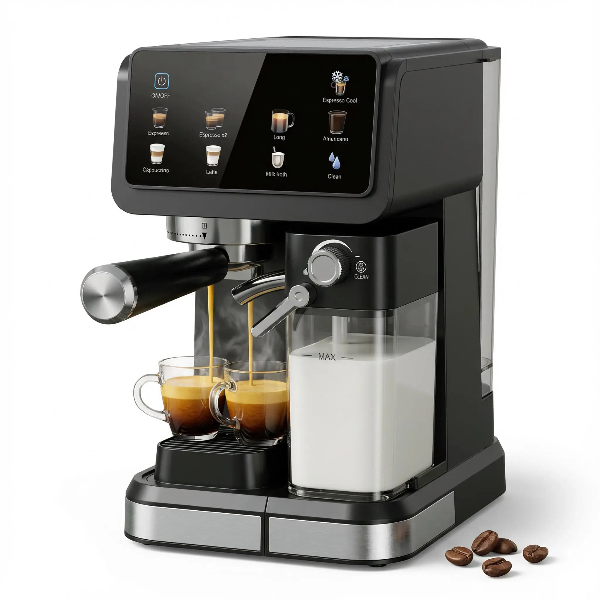 Cafetera espresso automática de 20 bares, espumador de leche, pantalla táctil, preinfusión, máquina para latte y capuchino, 6 modos.