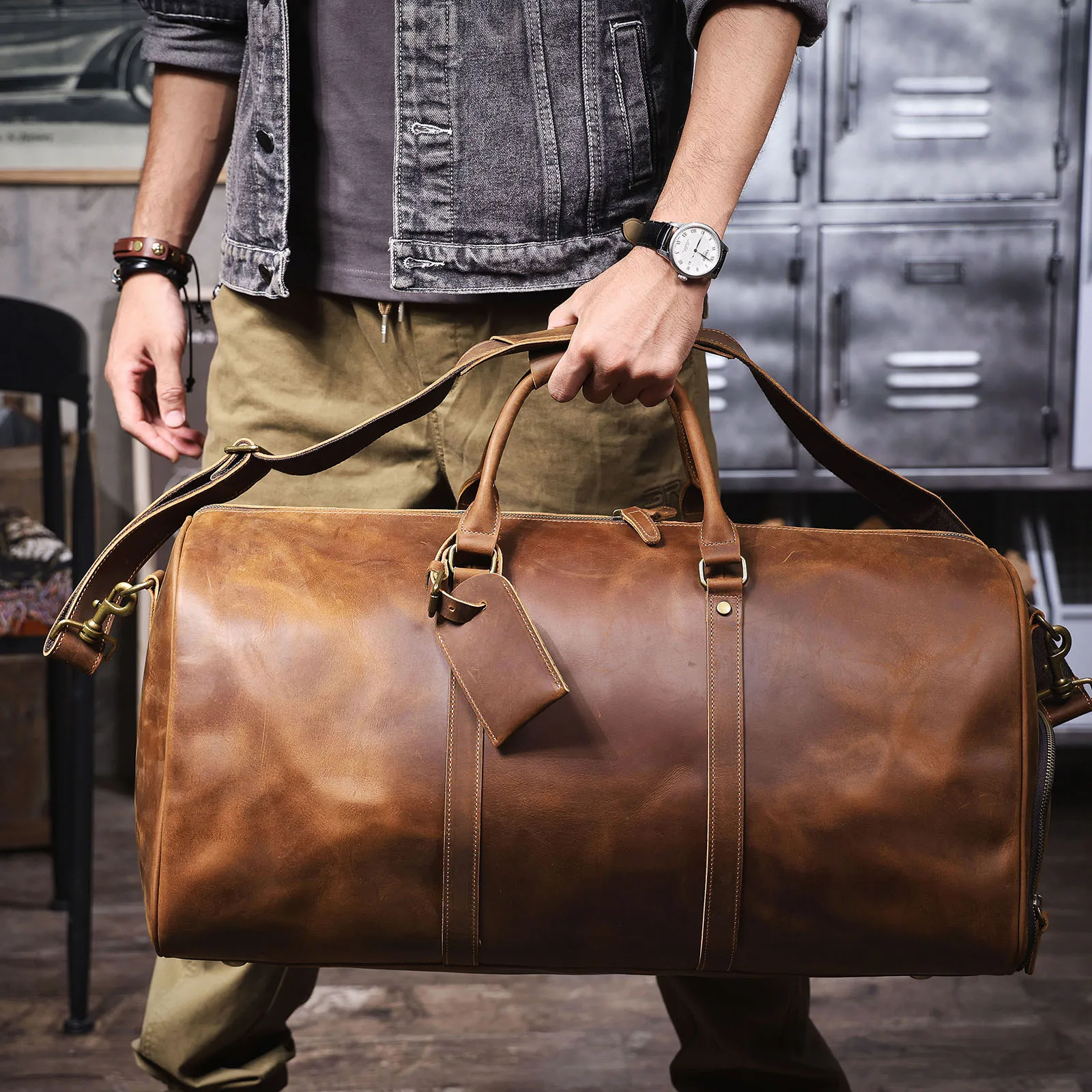 S.WORKER Vintage Vollnarbenleder Herren-Reisetasche Handgefertigte Weekender-Reisetasche – Detail 7