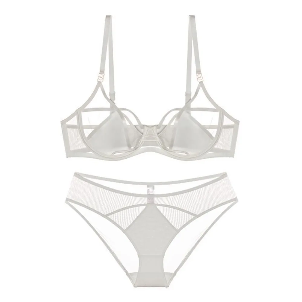 Women Mesh Sheer Hollow Out Lingerie Set No Sponge Thin Cup Soft Underwire Lift Pure Abstinence Sexy Bra Set Daily Intimate Bra