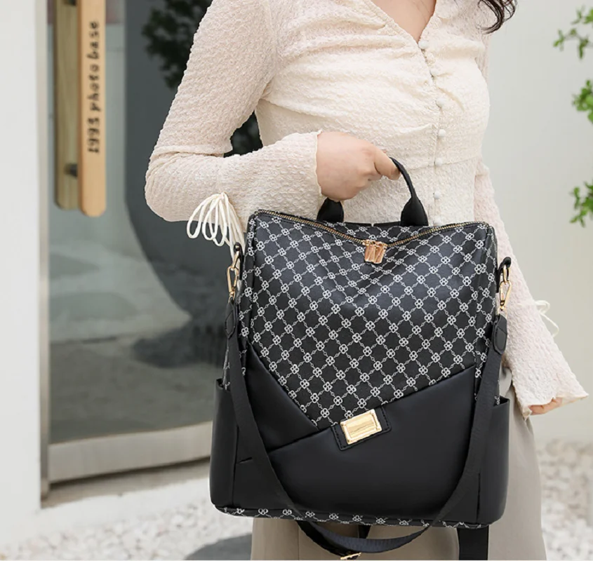New Women Fashion Vintage Designer Double Zipper Shoulder Bags School Bag Totes Printing Large Capacity Leather Travel Backpack