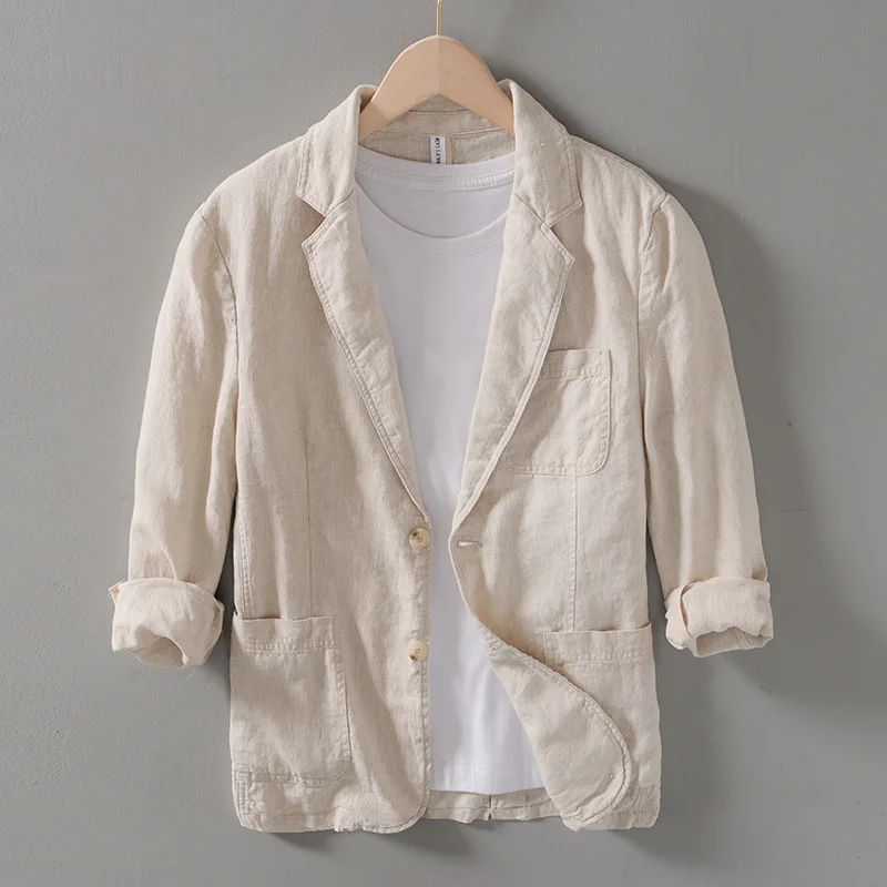 

100% Linen Men's Spring Vintage Notch Lapel Linen Blazer Handsome Loose Fit Artistic Casual Jacket