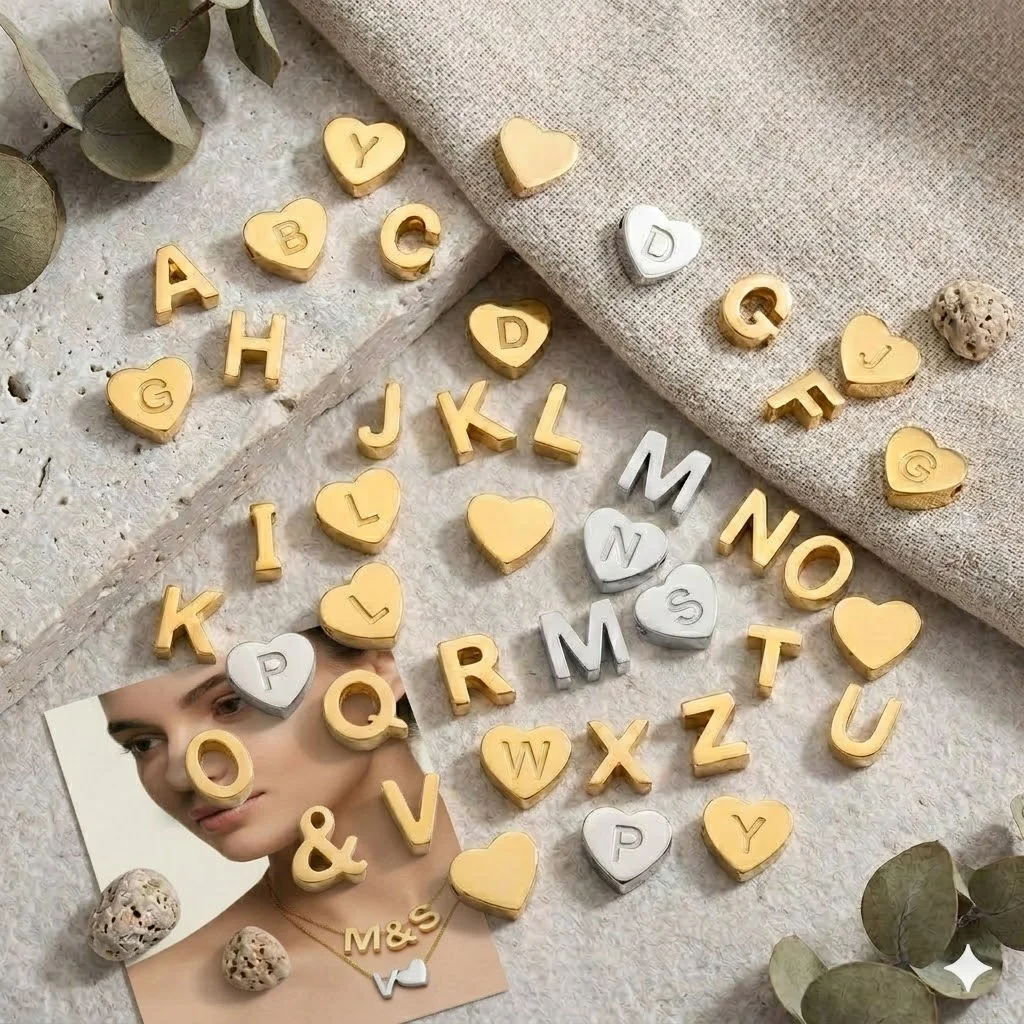 Stainless Steel Heart Initial Letter Beads For DIY Necklace Bracelet Making Gold Color A-Z Alphabet Beads Jewelry Accessories