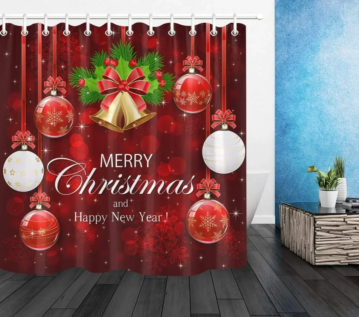 Christmas Fireplace Shower Curtain Hook Winter Indoor Christmas Tree Red Boots Xmas Tree Gift Home Bathroom Decor Fabric Curtain