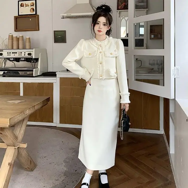 

New Spring Fashion Korean Sweet Elegant 2 Piece Set Women Long Sleeve Coat Top + Midi Skirt Suits Womens Outfits Two Peice Sets