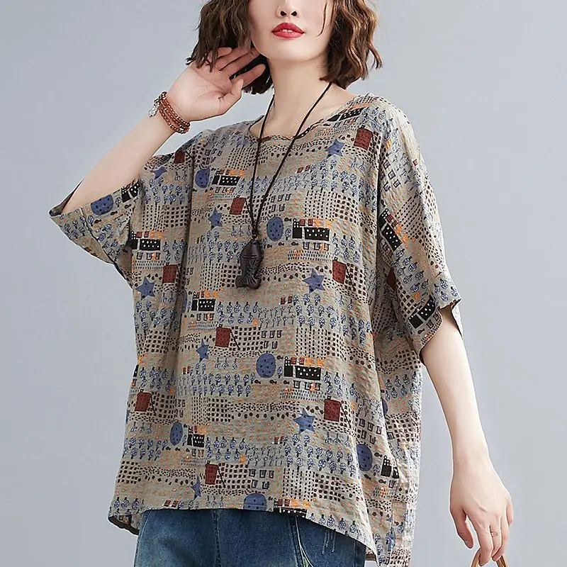 2024 New Summer Retro Ethnic Style Casual Fashion Loose Fitting Short Sleeved Round Neck Printed Animal Women\'s T-shirt Top