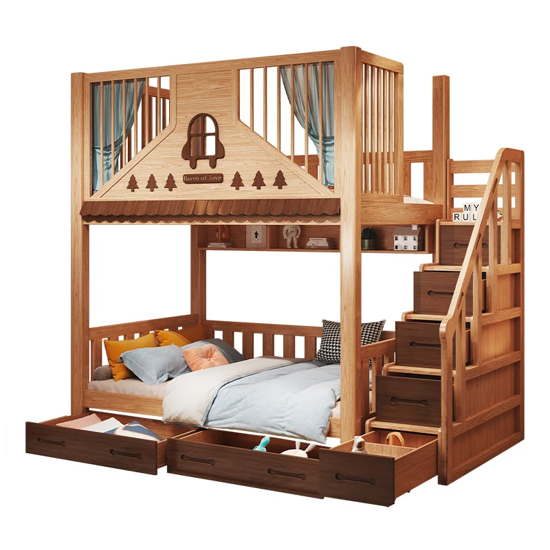 

Full solid wood bunk bed high and low double high guardrail shelf bed