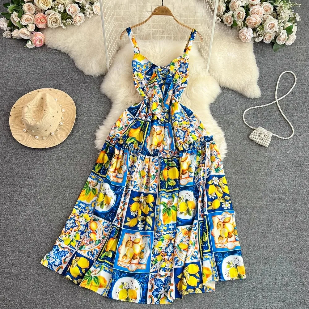 Summer Sexy Bow Spaghetti Strap Floral Lemon Print Dress Women Beach Backless Strapless High Elastic Waist Long Party Vestidos