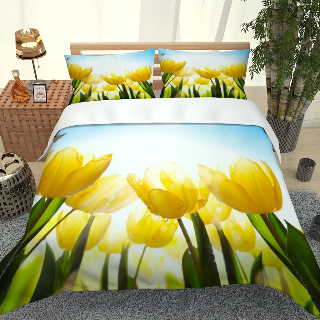 King Queen Duvet Cover 3D Pattern Theme Bedding Set Aldult Kids Boys Men Yellow Plant Flower Polyester Quilt Comforter Cover