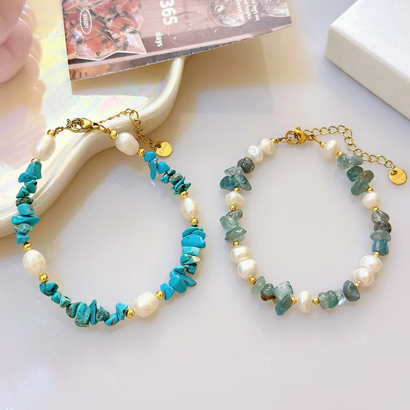 

Натуральный пресноводный жемчуг, синяя бирюза для женщин, браслет в стиле Мори с нерегулярным хрустальным камнем, нишевый дизайн, браслет на руку