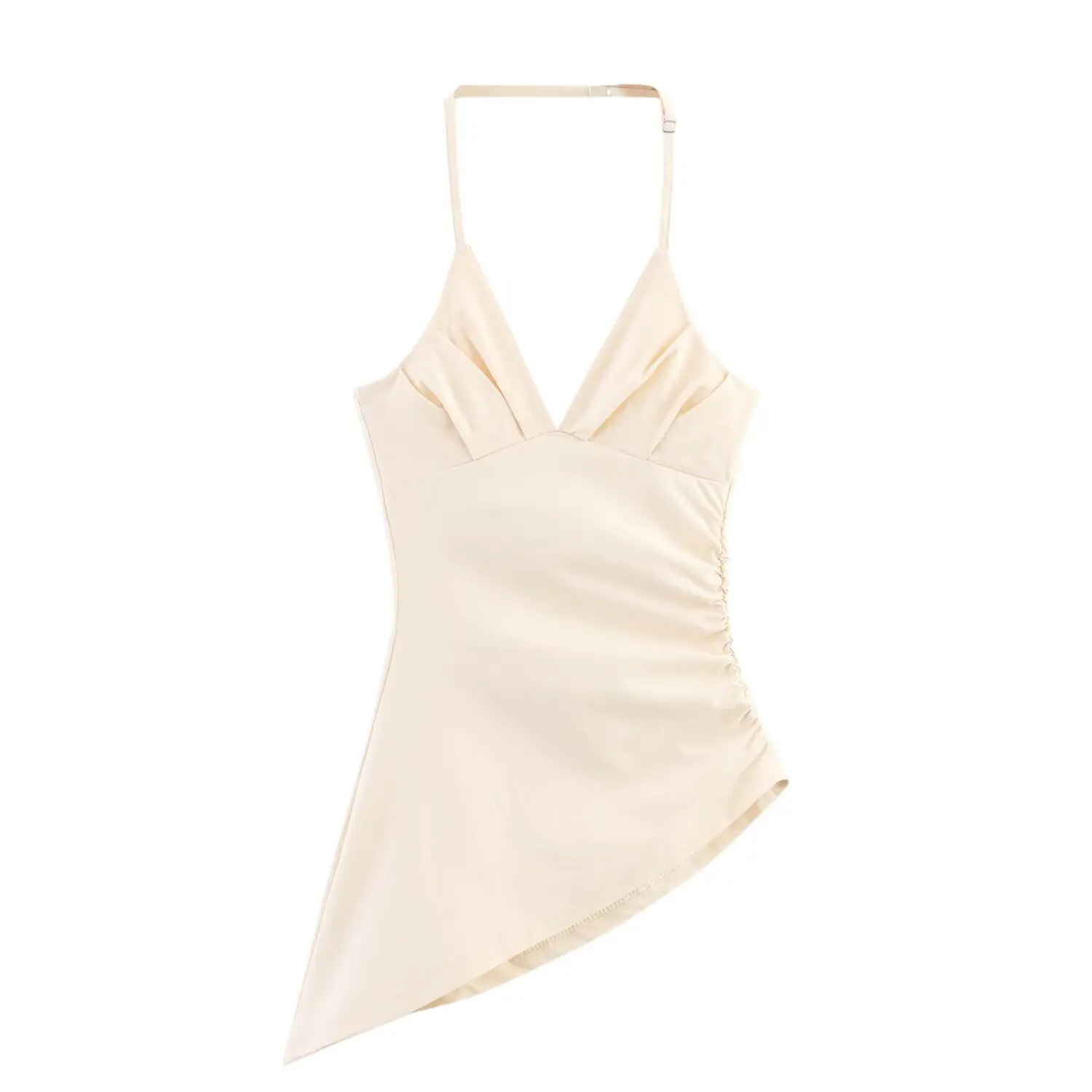 

ZBZA Women Asymmetric Sexy Top Pleated Halterneck Halter Back Solid Color Slim Fit Cropped Top Spring Summer New Female Chic Top