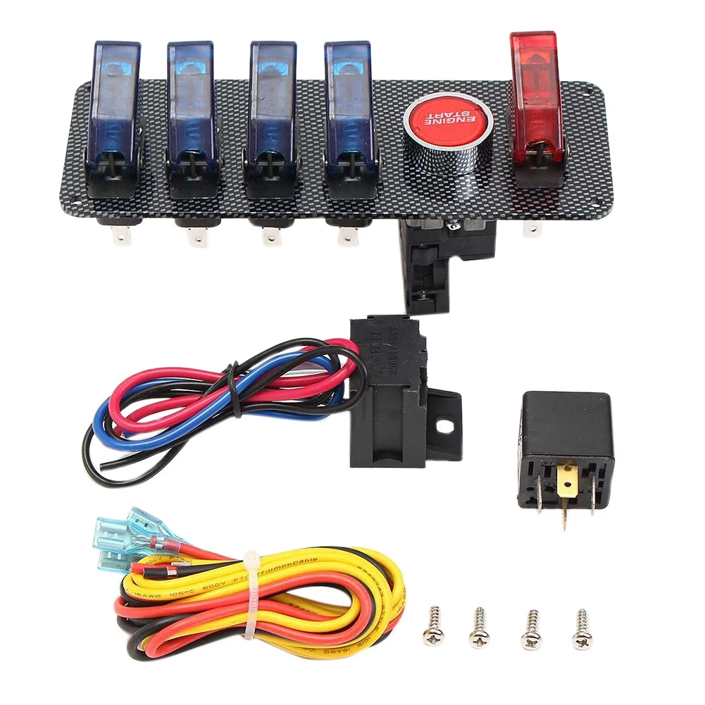 

12V Auto LED Toggle Ignition Switch Panel Racing Car Engine Start Push Set Kit + 4 Blue & 1 Red LED Toggle Button Panel